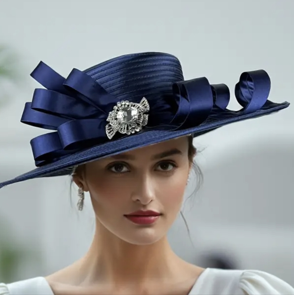 Elegant Navy Wide-Brim Satin Ribbon Dress Hat with Crystal Brooch